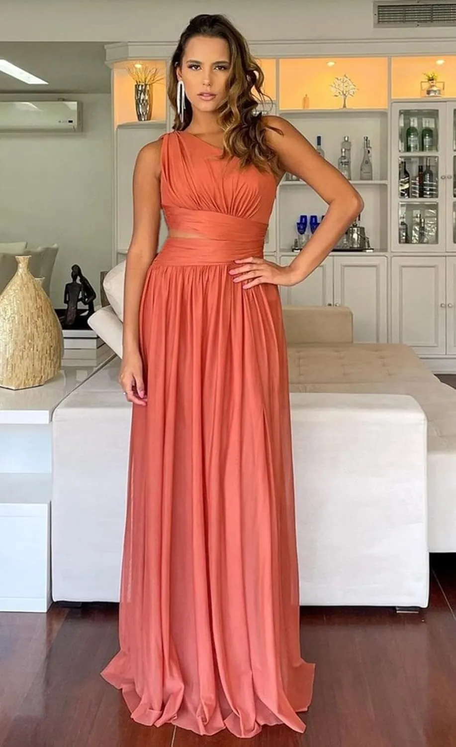Women's One Shoulder Prom Dresses with Slit Cutout Ruched Birdsmaid Dresses Long Formal Dress with Pockets AN150