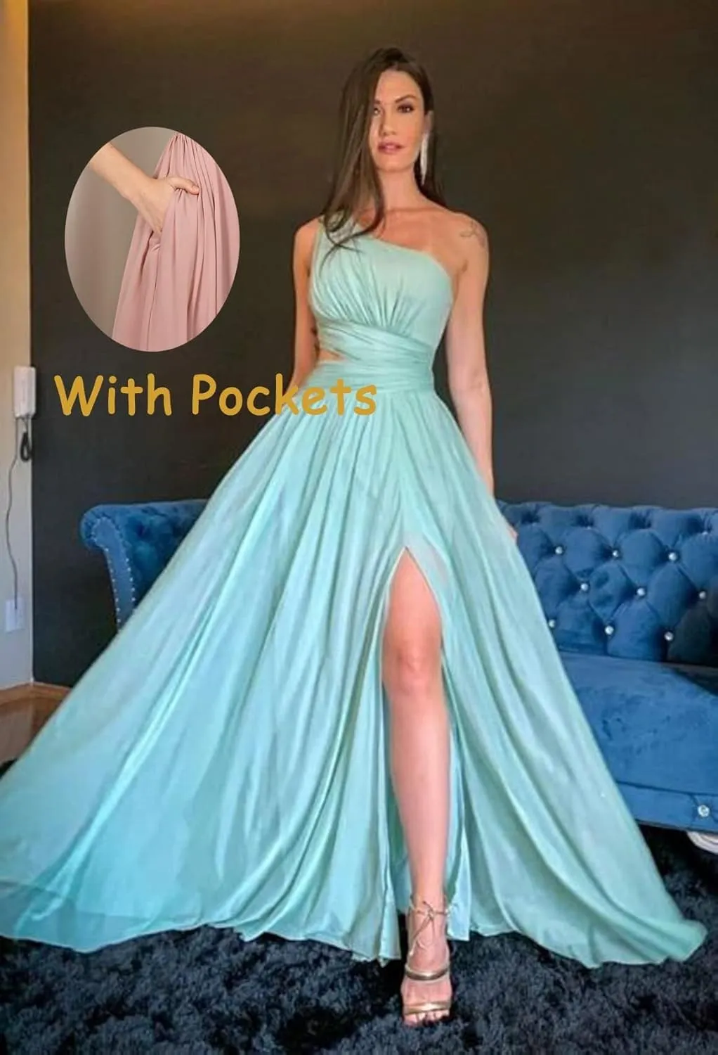 Women's One Shoulder Prom Dresses with Slit Cutout Ruched Birdsmaid Dresses Long Formal Dress with Pockets AN150