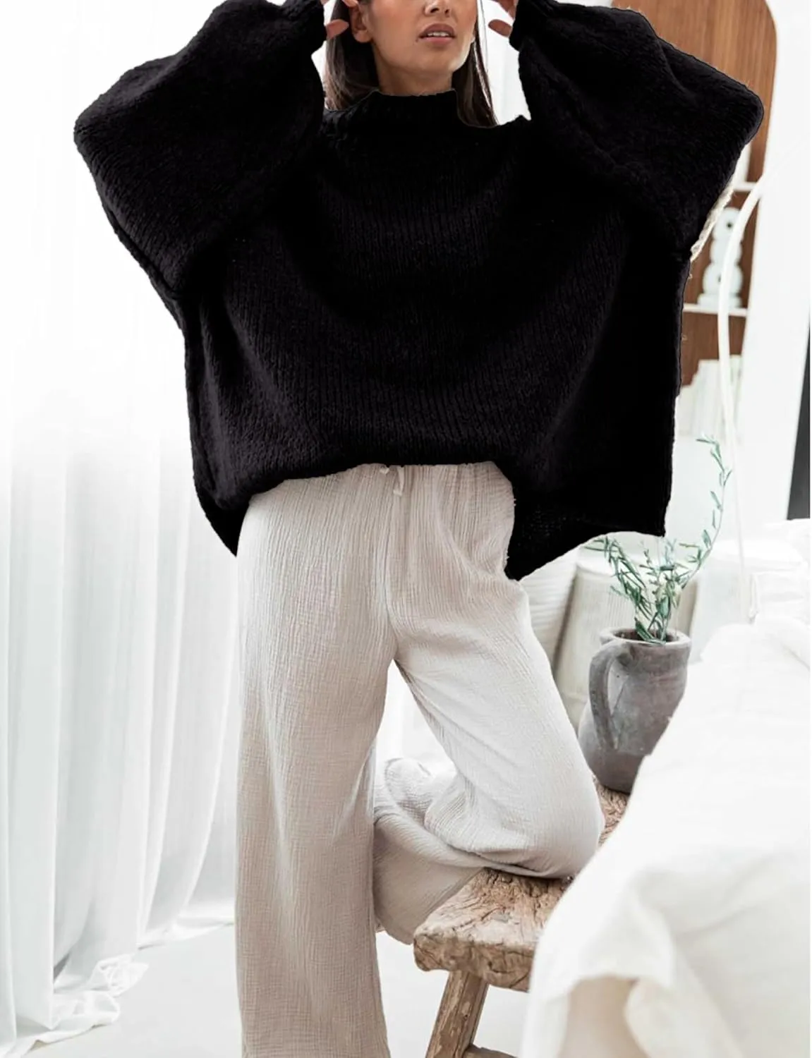 Women's Oversized Crewneck Fall Sweaters for Women 2024 Long Sleeve Fuzzy Knit Chunky Pullover Sweater