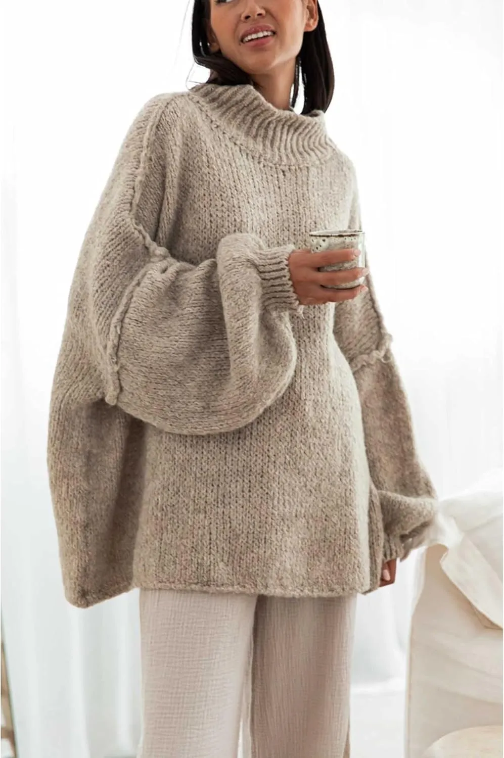 Women's Oversized Crewneck Fall Sweaters for Women 2024 Long Sleeve Fuzzy Knit Chunky Pullover Sweater