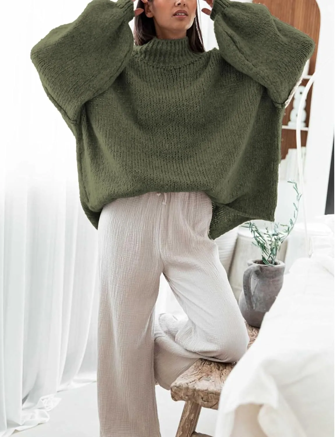 Women's Oversized Crewneck Fall Sweaters for Women 2024 Long Sleeve Fuzzy Knit Chunky Pullover Sweater