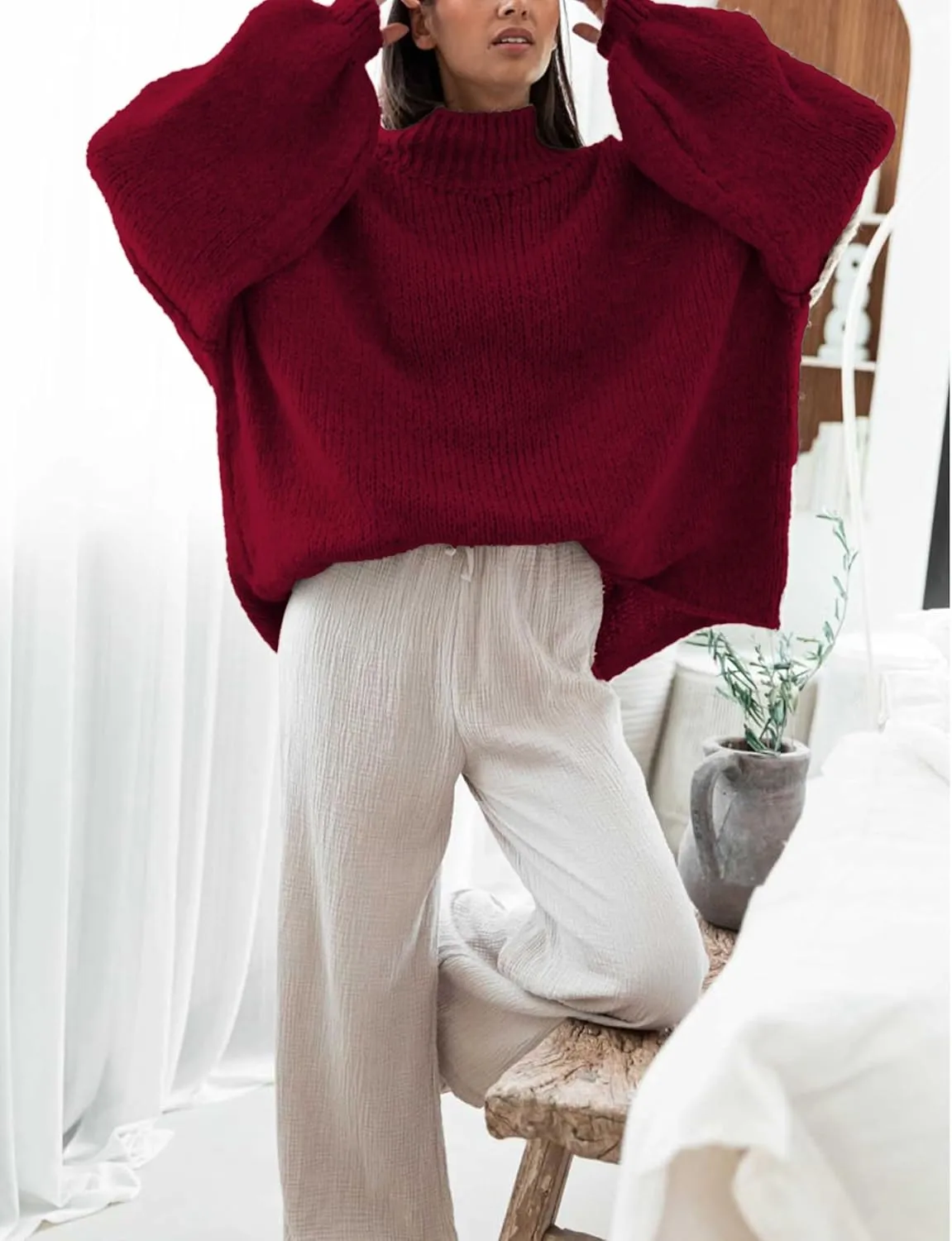 Women's Oversized Crewneck Fall Sweaters for Women 2024 Long Sleeve Fuzzy Knit Chunky Pullover Sweater