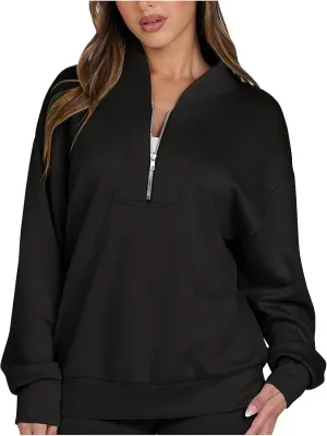 Women's Oversized Quarter Half Zip Hoodies,2024 Casual V Neck Long Sleeve Fleece Sweatshirts,Cute Winter