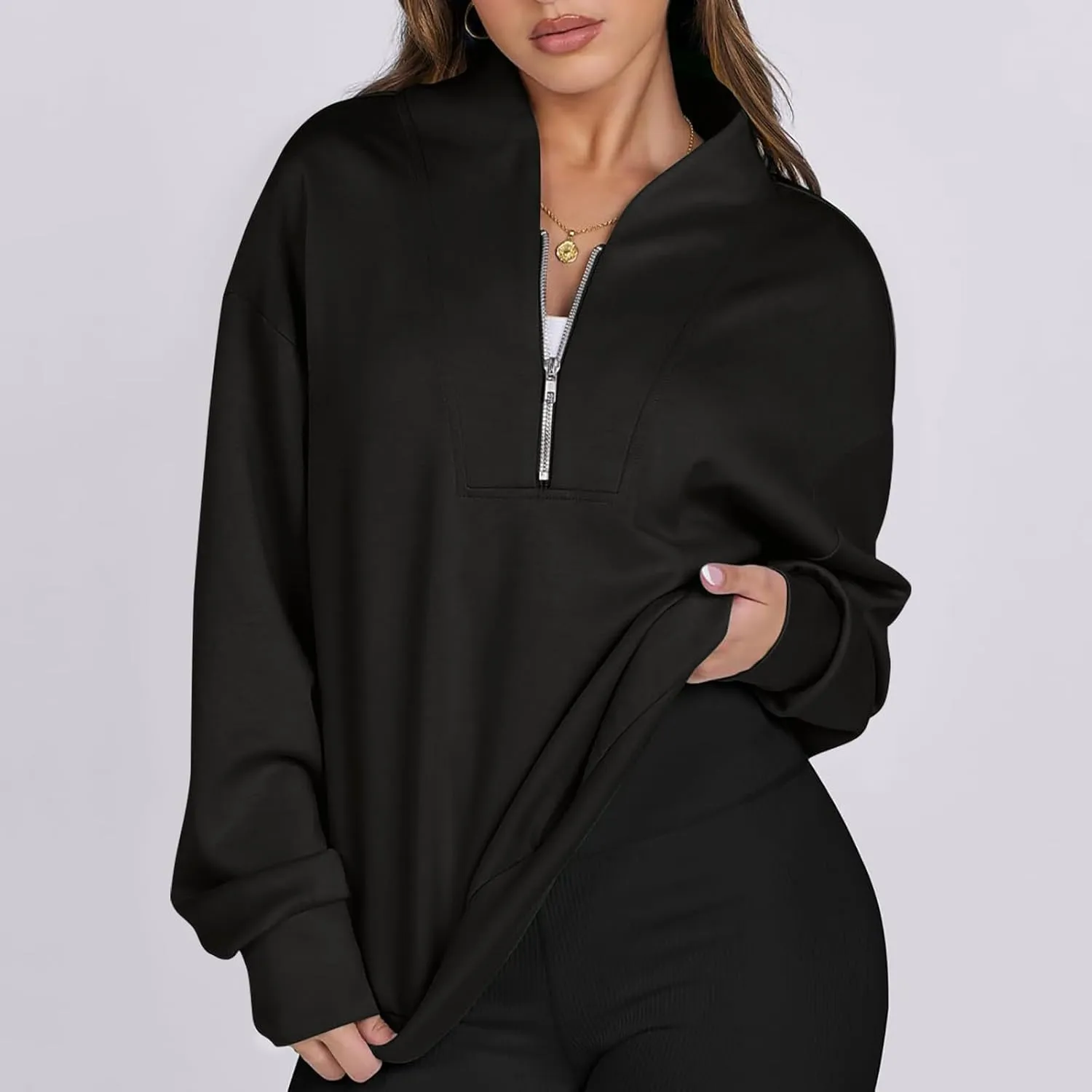 Women's Oversized Quarter Half Zip Hoodies,2024 Casual V Neck Long Sleeve Fleece Sweatshirts,Cute Winter