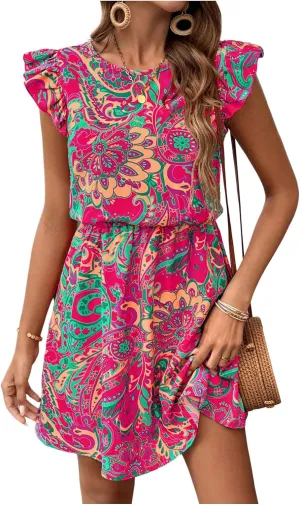 Women's Paisley Floral Ruffle Cap Sleeve Boho Dress Crew Neck Tie Back Vacation Summer Dresses