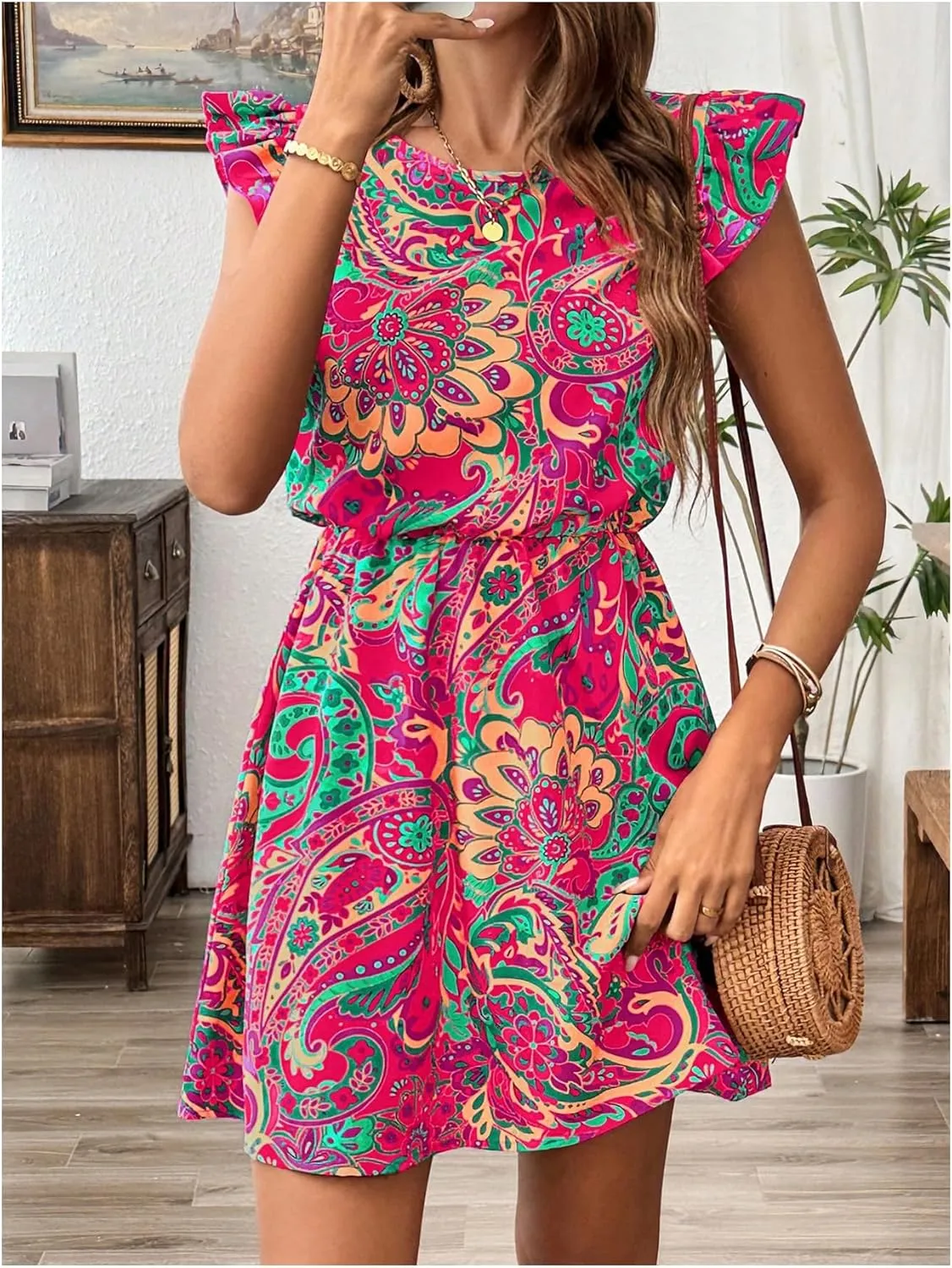 Women's Paisley Floral Ruffle Cap Sleeve Boho Dress Crew Neck Tie Back Vacation Summer Dresses