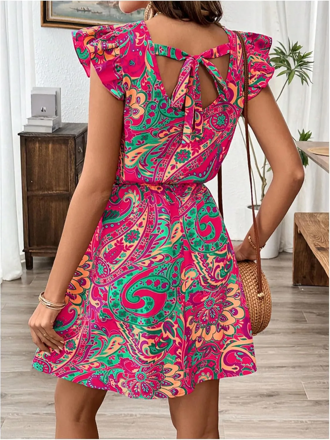 Women's Paisley Floral Ruffle Cap Sleeve Boho Dress Crew Neck Tie Back Vacation Summer Dresses