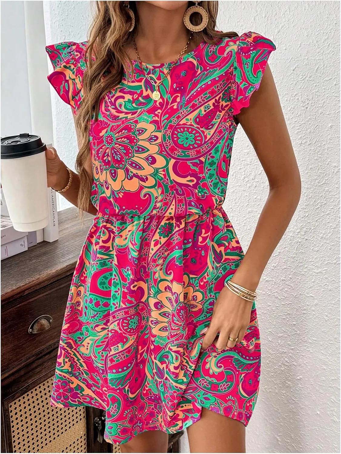 Women's Paisley Floral Ruffle Cap Sleeve Boho Dress Crew Neck Tie Back Vacation Summer Dresses