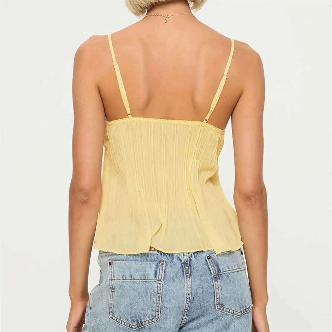 Women's Pleated Camisoles Front Mini Bow Decor Adjustable Spaghetti Straps Lace V-Neck Ruffled Hem Tops