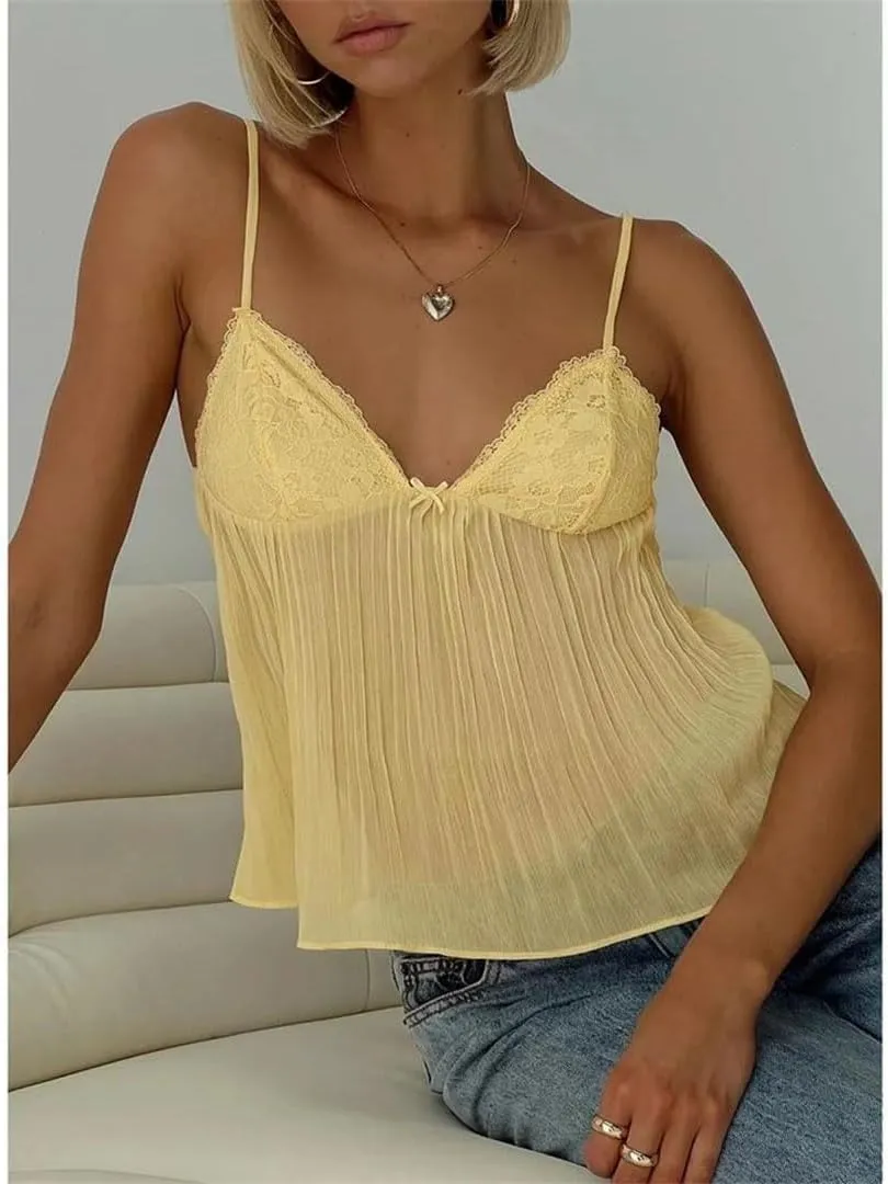 Women's Pleated Camisoles Front Mini Bow Decor Adjustable Spaghetti Straps Lace V-Neck Ruffled Hem Tops