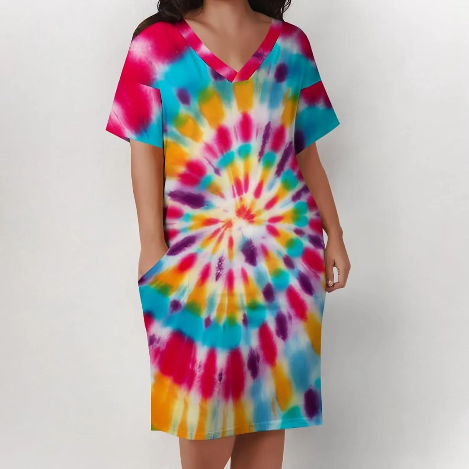 Women's Plus Size Dress Summer Curvy Casual Tie-Dye Short Sleeve V-Neck T Shirt Loose Midi Dresses