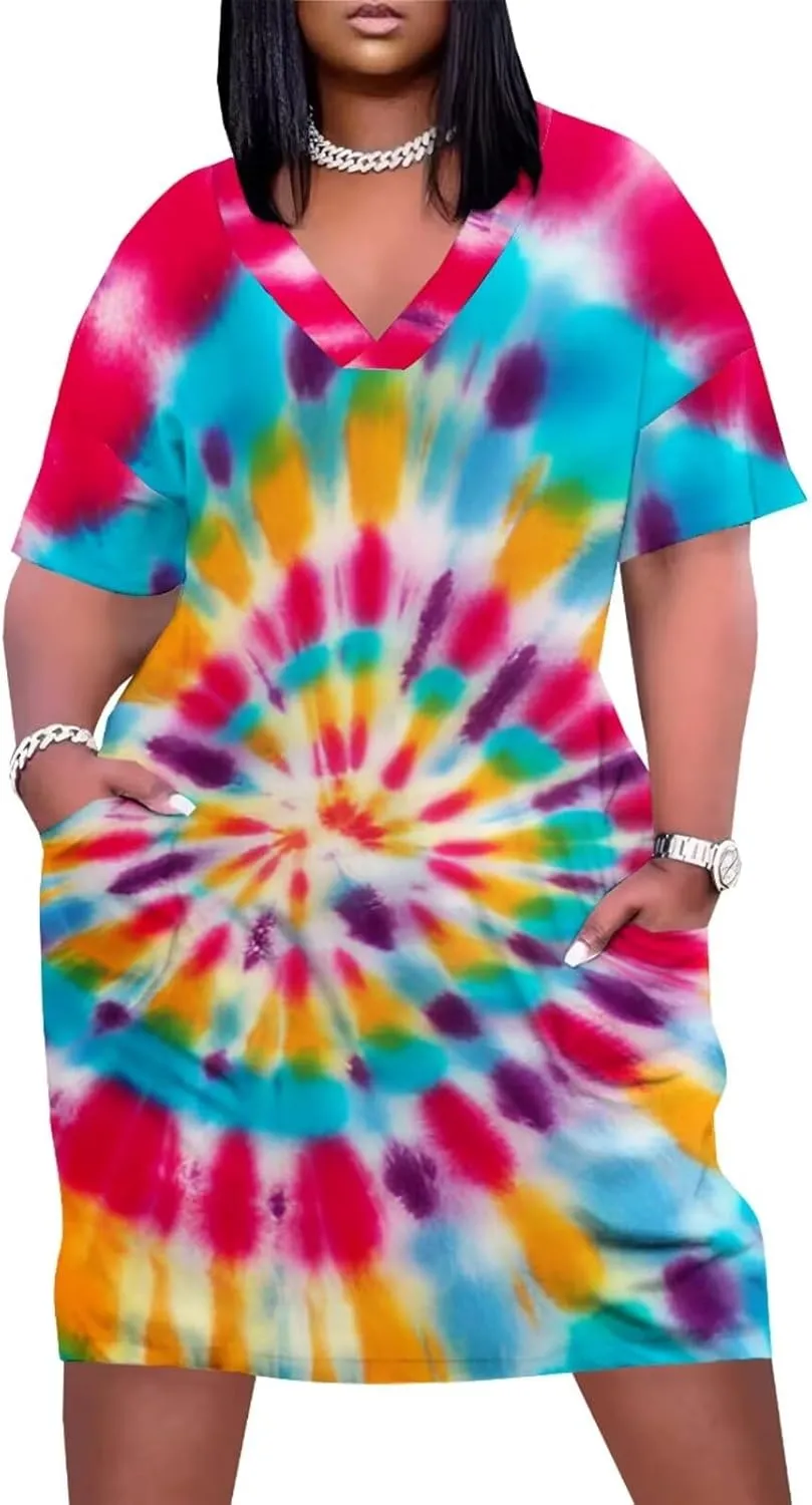 Women's Plus Size Dress Summer Curvy Casual Tie-Dye Short Sleeve V-Neck T Shirt Loose Midi Dresses