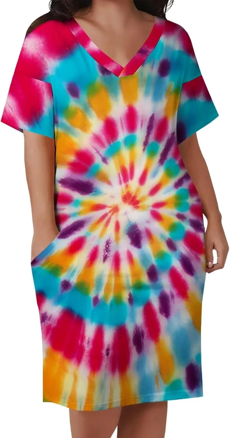 Women's Plus Size Dress Summer Curvy Casual Tie-Dye Short Sleeve V-Neck T Shirt Loose Midi Dresses