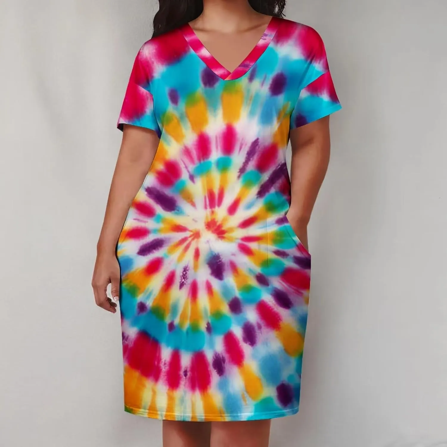 Women's Plus Size Dress Summer Curvy Casual Tie-Dye Short Sleeve V-Neck T Shirt Loose Midi Dresses