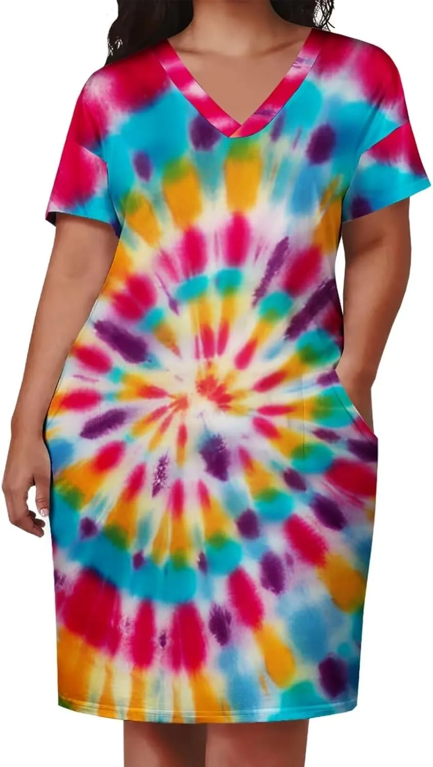 Women's Plus Size Dress Summer Curvy Casual Tie-Dye Short Sleeve V-Neck T Shirt Loose Midi Dresses
