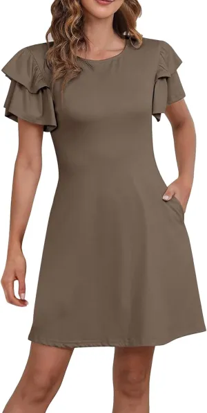 Womens Ruffle Sleeve Elegant Wedding Mini Dress High Waisted Slim Solid Sundress with Pocket 2024 Summer A-Line Beach Dresses