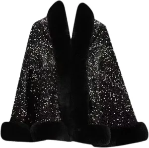 Womens Sequins Shiny Shawl Wrap Faux Fur Trim Cape Winter Thicken Thermal Coat Cardigan Trendy Cloak for Cold Weather