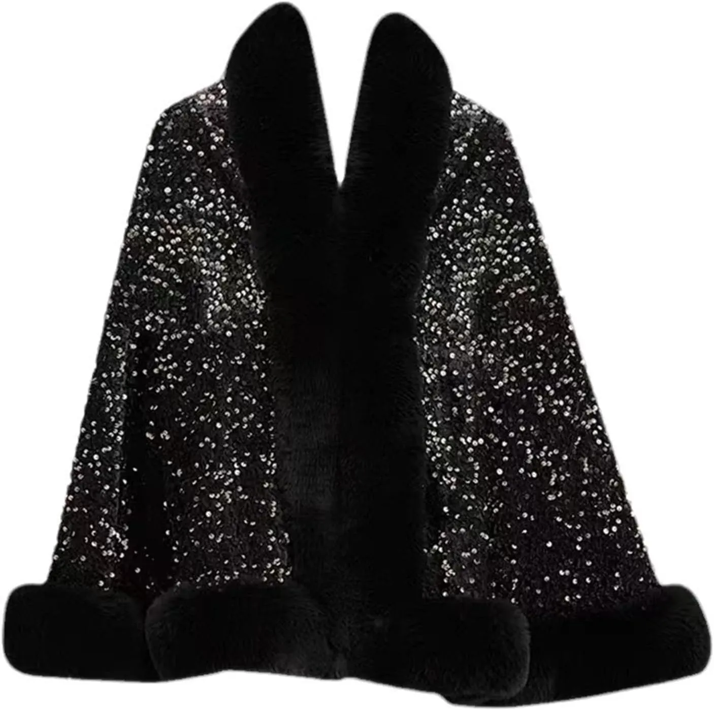 Womens Sequins Shiny Shawl Wrap Faux Fur Trim Cape Winter Thicken Thermal Coat Cardigan Trendy Cloak for Cold Weather