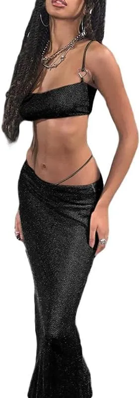 Women's Sexy Cut Out Skirt Sets Backless Halter Neck Crop Cami Top Bodycon Split Maxi Skirts 2 Piece Outfits