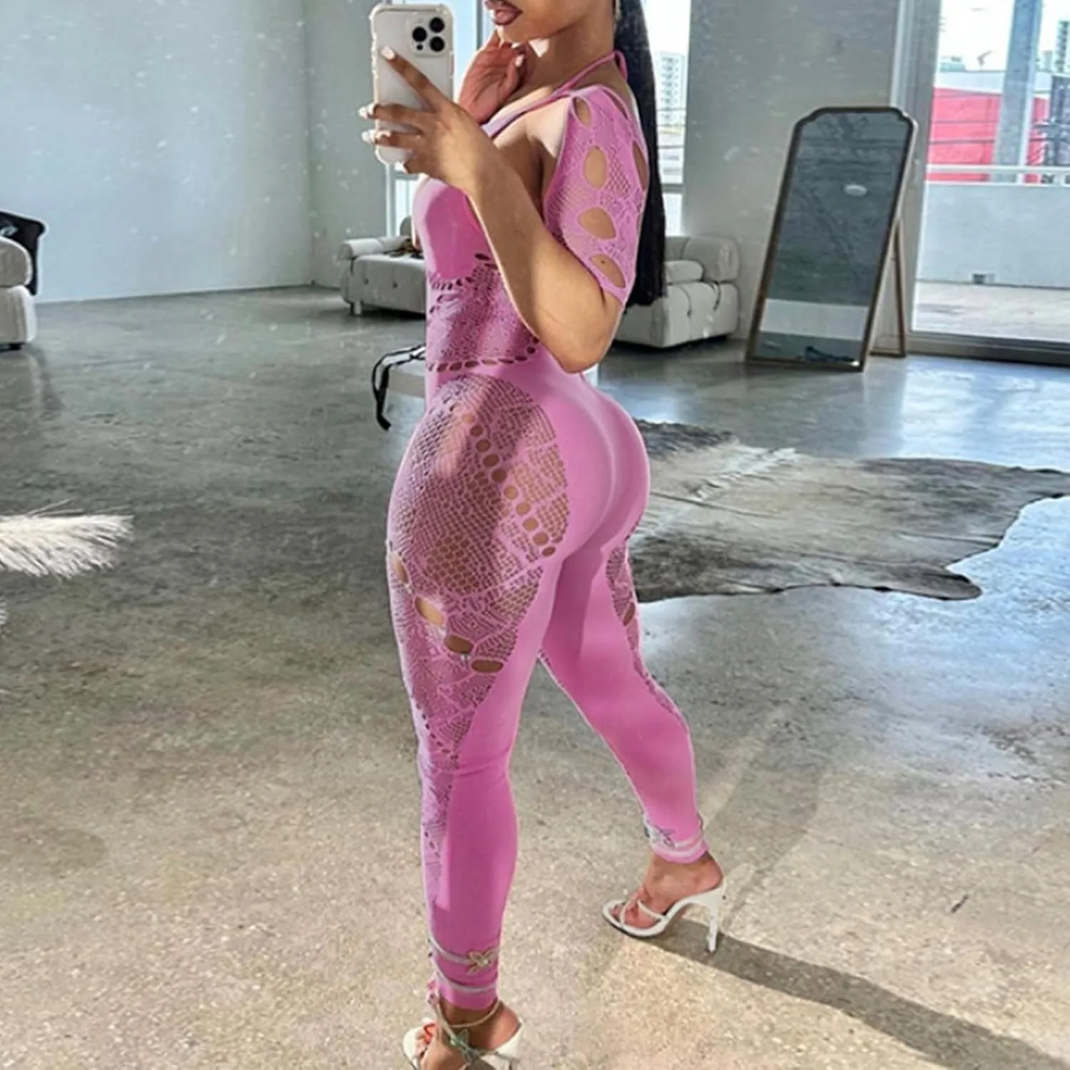 Women's Sexy Jumpsuit Mesh Halter Neck Hollow Perspective Rhinestone Slim Fit Stretch High Waist Lace Rompers