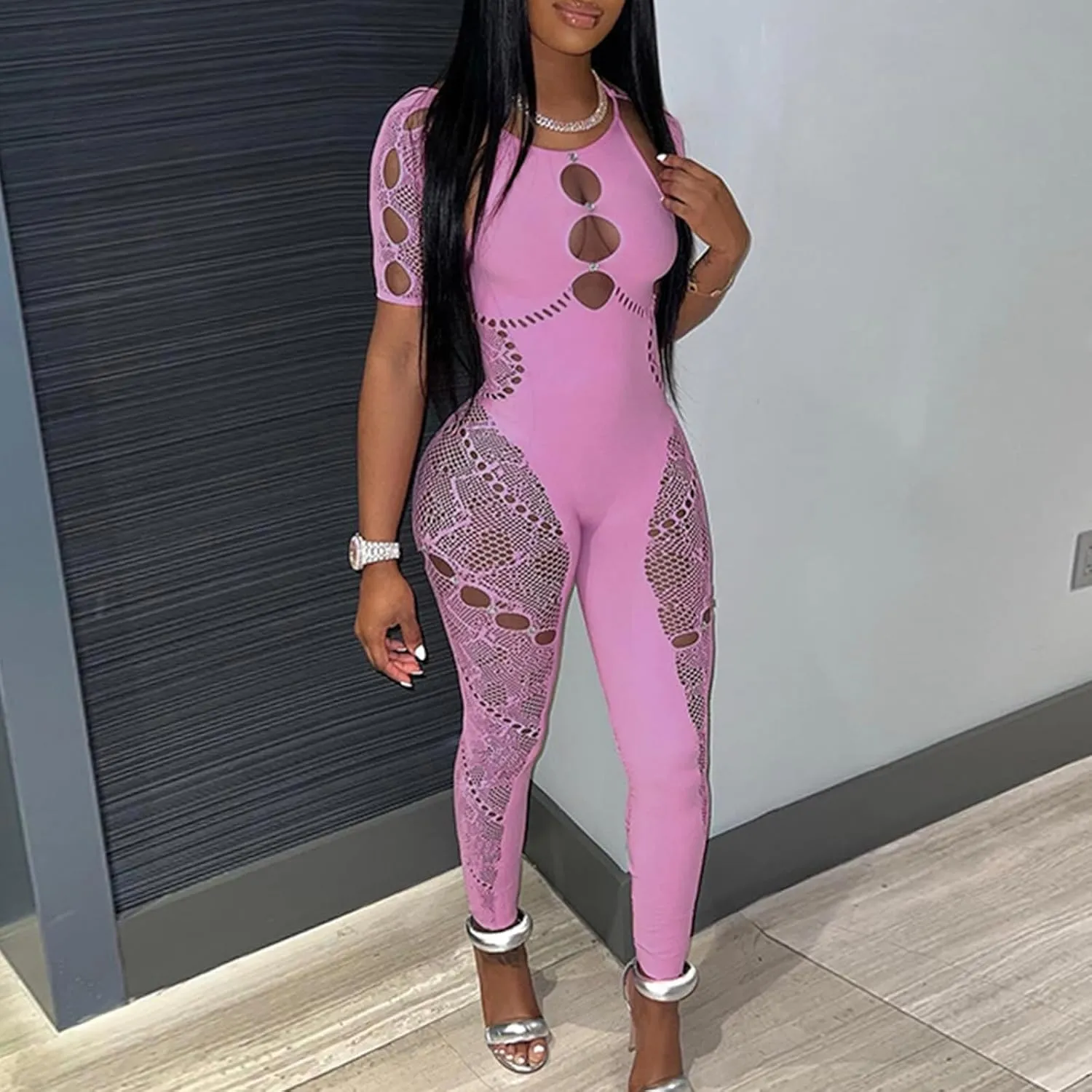 Women's Sexy Jumpsuit Mesh Halter Neck Hollow Perspective Rhinestone Slim Fit Stretch High Waist Lace Rompers