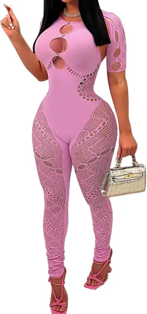 Women's Sexy Jumpsuit Mesh Halter Neck Hollow Perspective Rhinestone Slim Fit Stretch High Waist Lace Rompers