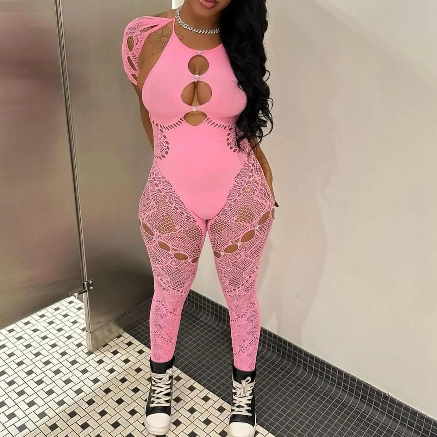 Women's Sexy Jumpsuit Mesh Halter Neck Hollow Perspective Rhinestone Slim Fit Stretch High Waist Lace Rompers