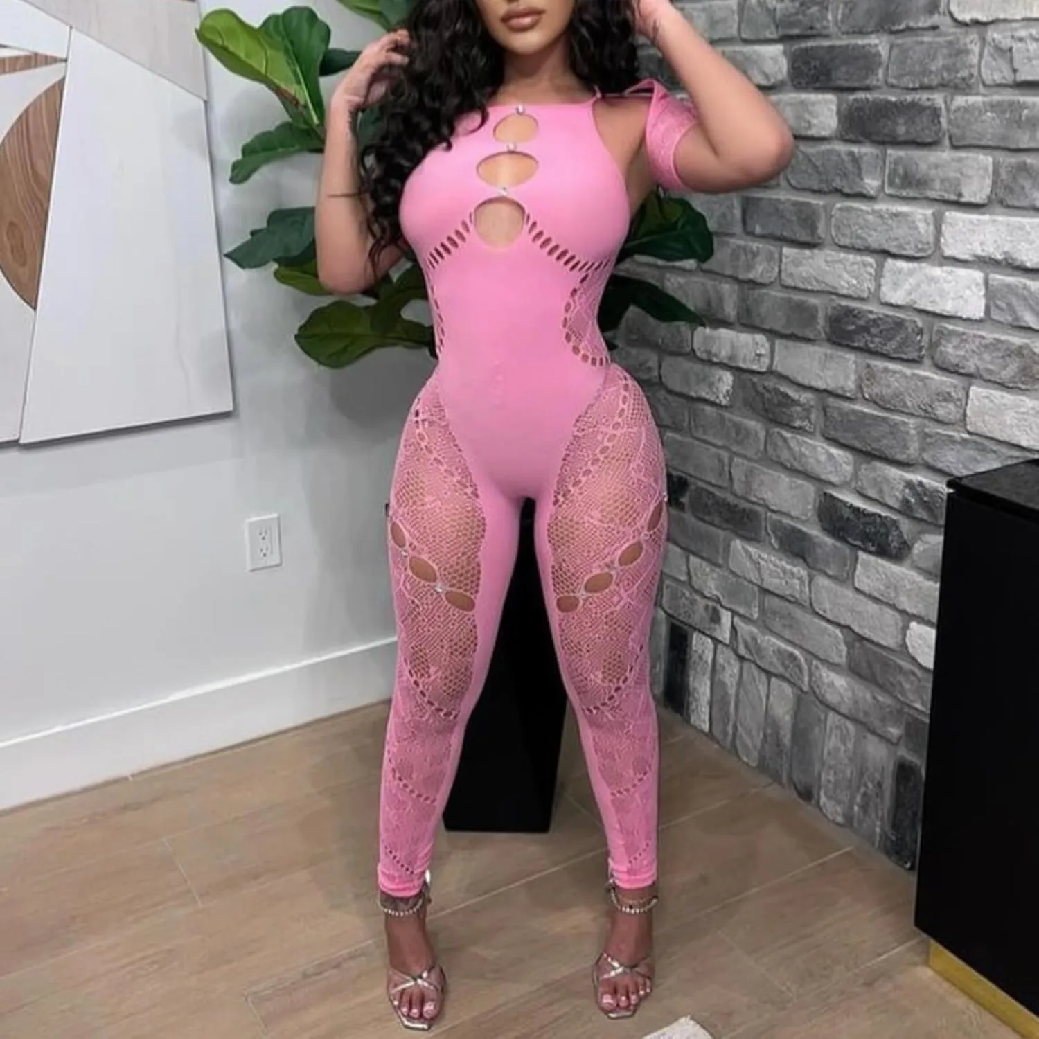 Women's Sexy Jumpsuit Mesh Halter Neck Hollow Perspective Rhinestone Slim Fit Stretch High Waist Lace Rompers