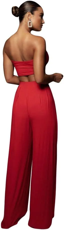 Women's Sexy V Neck Two Piece Outfits Elegant Crop Top Long Wide Leg Pants Jumpsuits