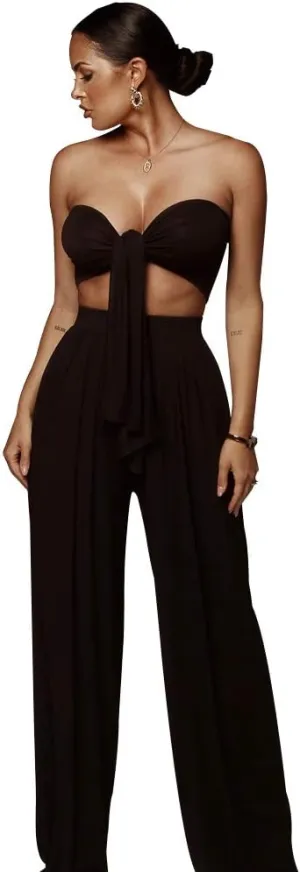 Women's Sexy V Neck Two Piece Outfits Elegant Crop Top Long Wide Leg Pants Jumpsuits