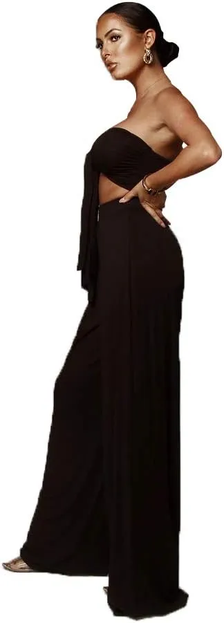 Women's Sexy V Neck Two Piece Outfits Elegant Crop Top Long Wide Leg Pants Jumpsuits