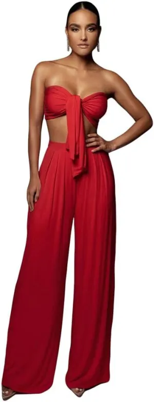 Women's Sexy V Neck Two Piece Outfits Elegant Crop Top Long Wide Leg Pants Jumpsuits