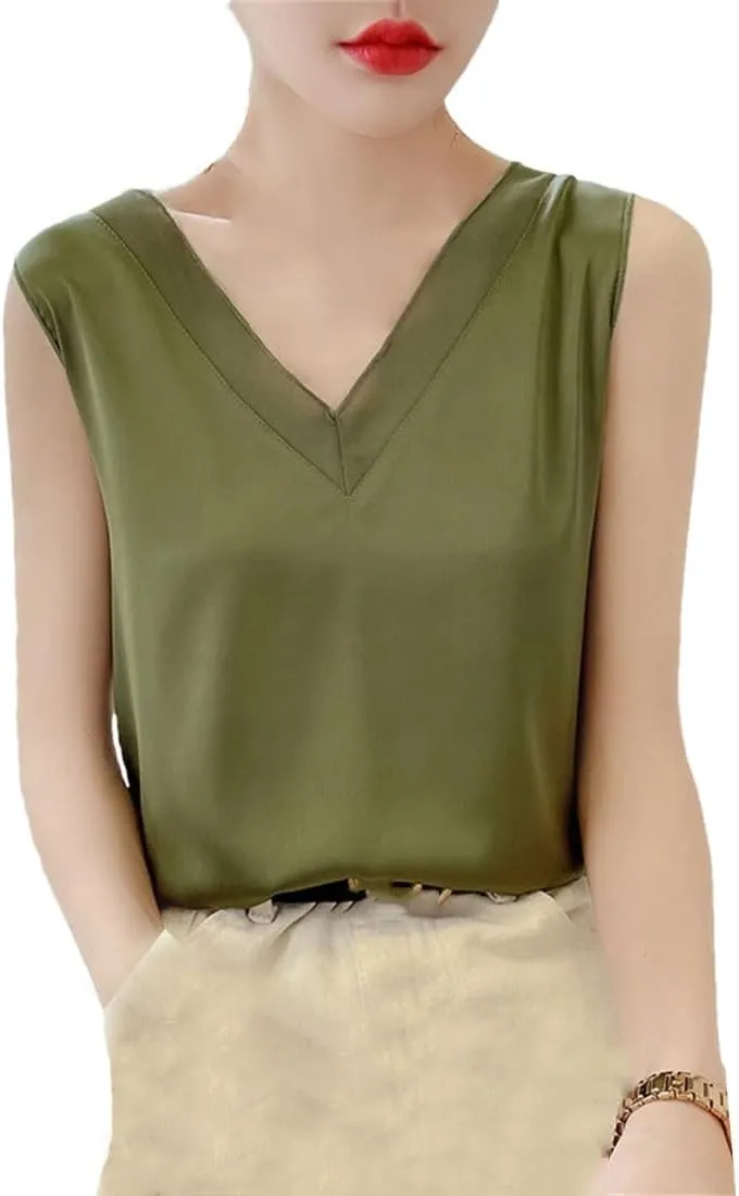 Women's Sleeveless Mulberry-Silk Camisole Summer V-Neck Satin Tank Tops Inside Vest