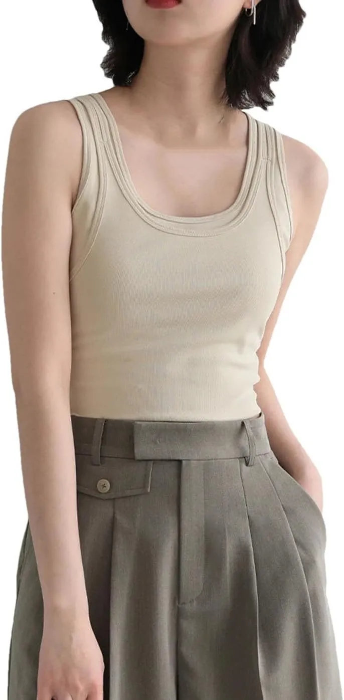 Womens Slim Fit Camisole Vest Solid Color Short U Neck Elastic Summer Basic Crop Suspender Camisole Vest