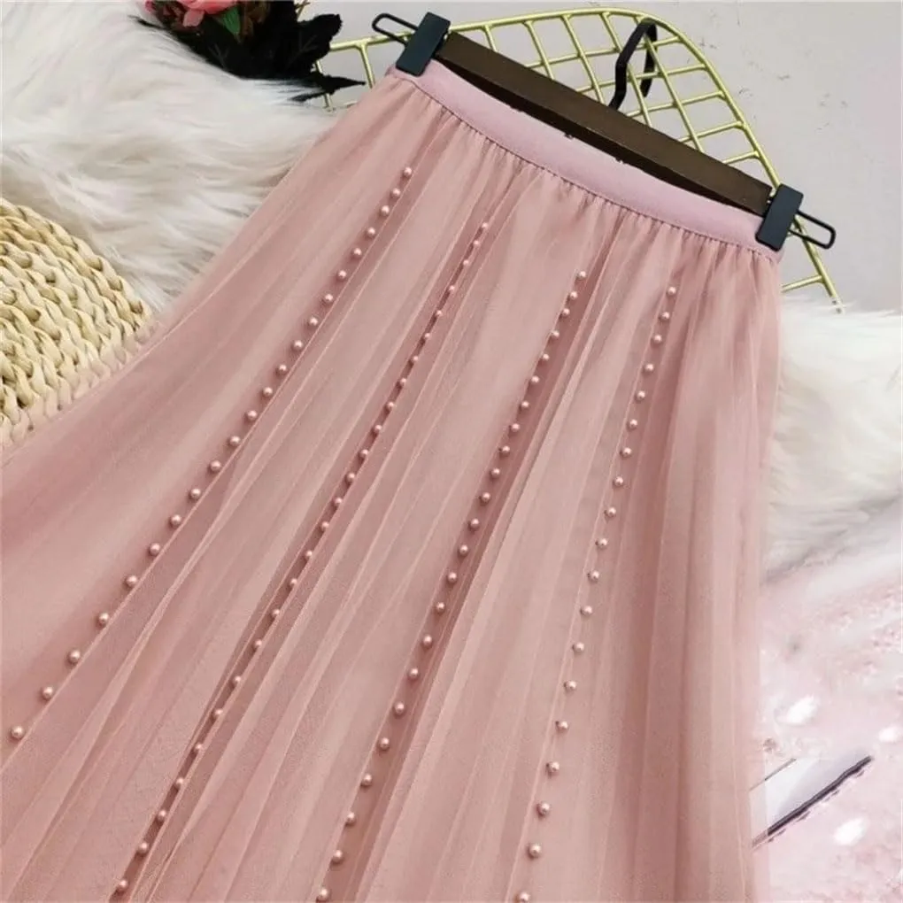 Women's Solid Color Pleated Skirt Slim High Waisted All-Match Lady Casual Mid-Calf Skirt