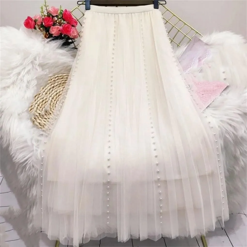 Women's Solid Color Pleated Skirt Slim High Waisted All-Match Lady Casual Mid-Calf Skirt