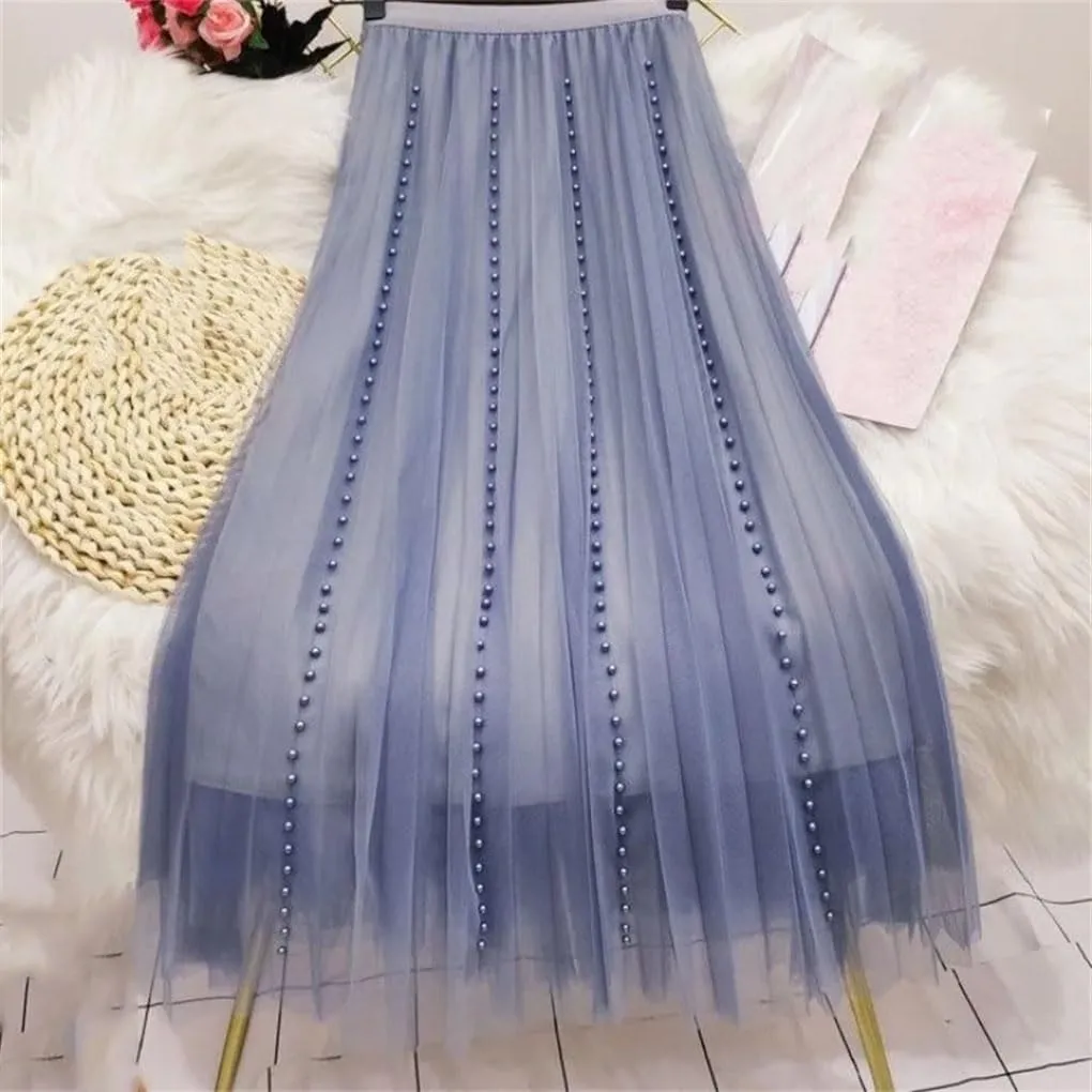 Women's Solid Color Pleated Skirt Slim High Waisted All-Match Lady Casual Mid-Calf Skirt