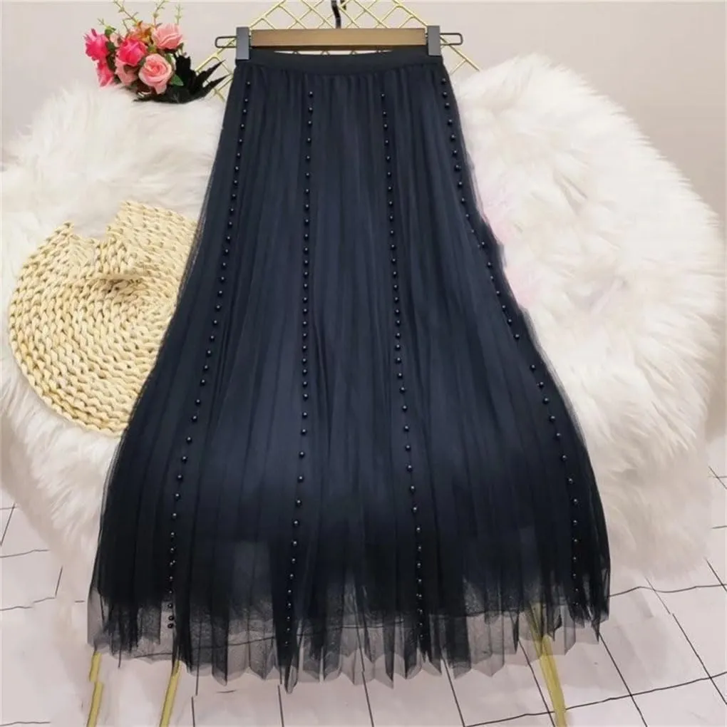 Women's Solid Color Pleated Skirt Slim High Waisted All-Match Lady Casual Mid-Calf Skirt