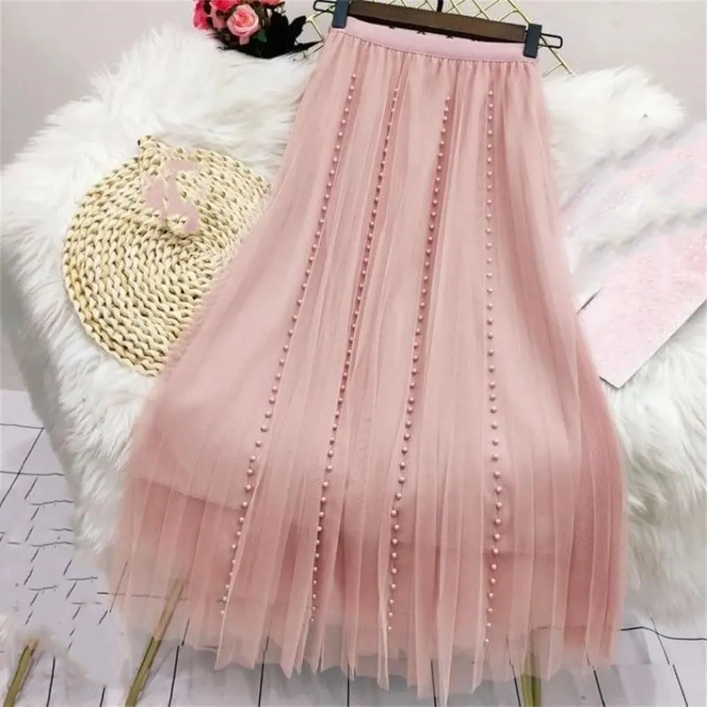 Women's Solid Color Pleated Skirt Slim High Waisted All-Match Lady Casual Mid-Calf Skirt