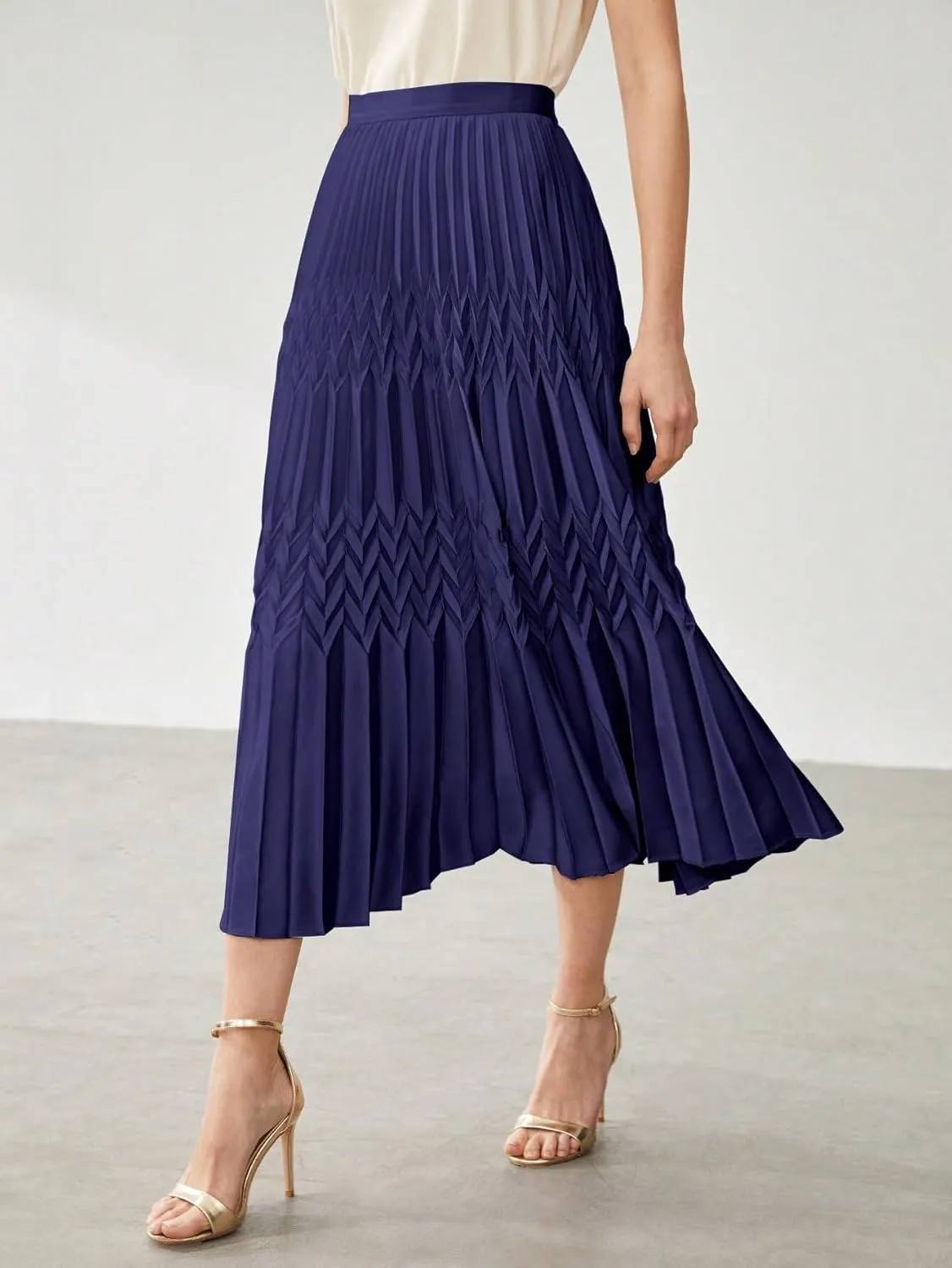 Womens Solid Pleated Midi Skirt Without Belt Knee Length Skirts For Women