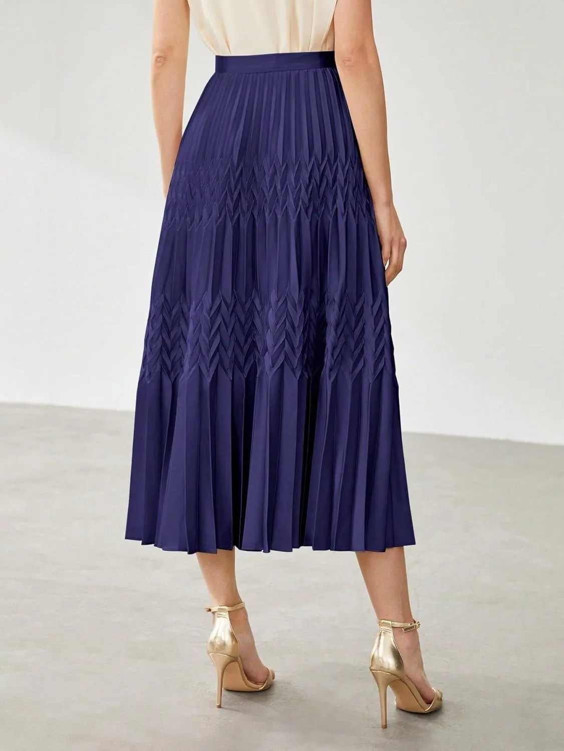 Womens Solid Pleated Midi Skirt Without Belt Knee Length Skirts For Women