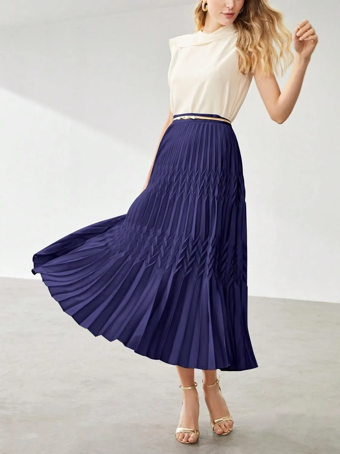 Womens Solid Pleated Midi Skirt Without Belt Knee Length Skirts For Women