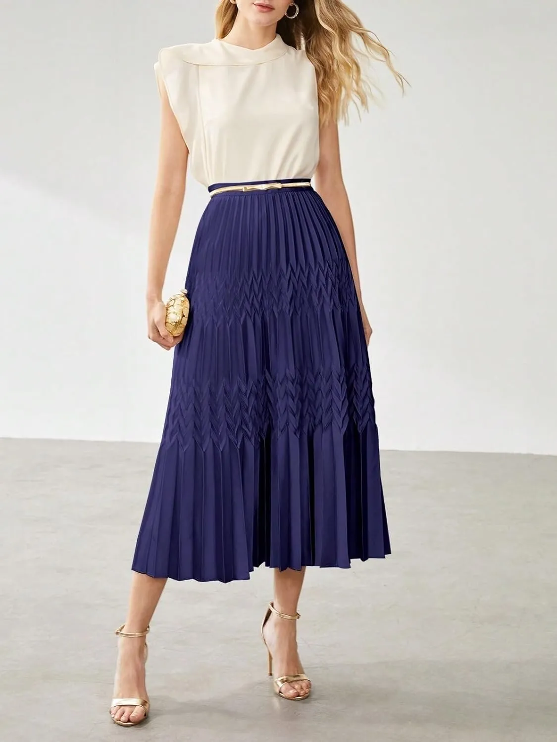 Womens Solid Pleated Midi Skirt Without Belt Knee Length Skirts For Women