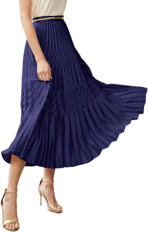 Womens Solid Pleated Midi Skirt Without Belt Knee Length Skirts For Women