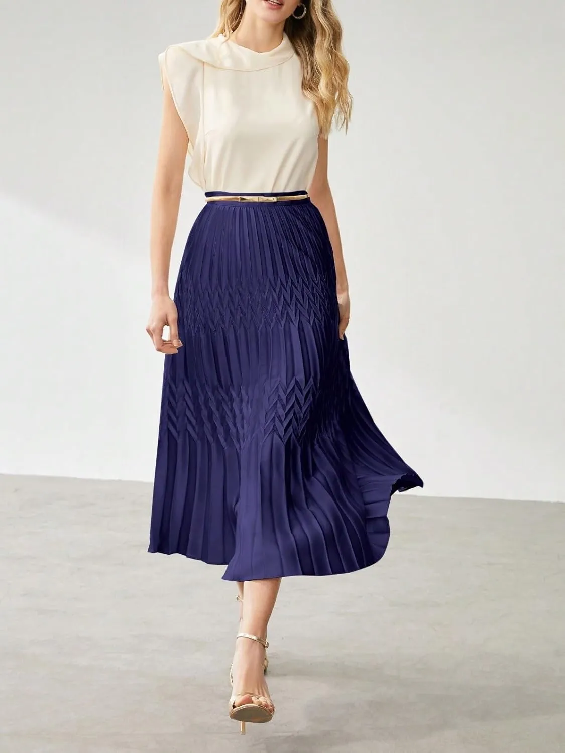Womens Solid Pleated Midi Skirt Without Belt Knee Length Skirts For Women