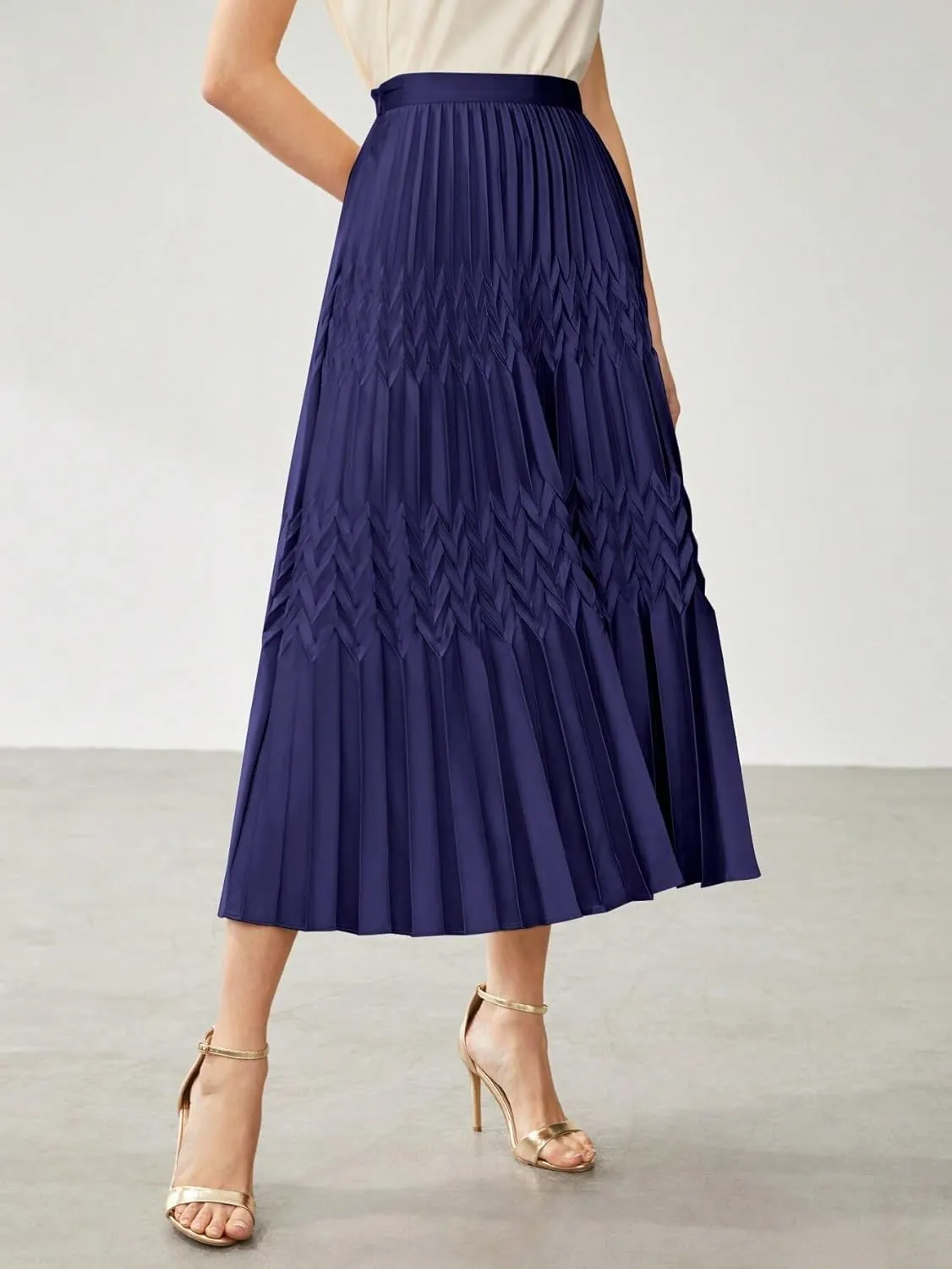 Womens Solid Pleated Midi Skirt Without Belt Knee Length Skirts For Women