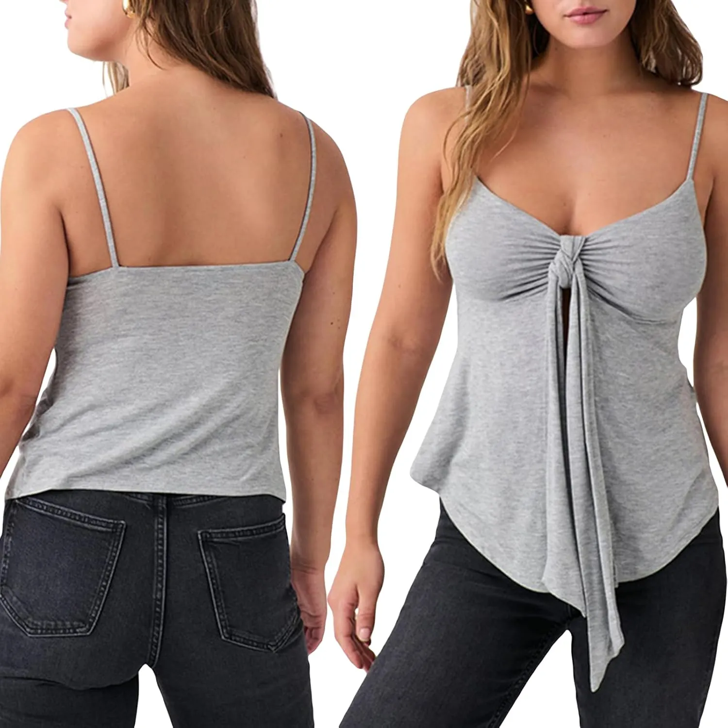 Women's Spaghetti Strap Tie Front Split Cami Tops Sleeveless Knot Camisole Slim Fit Shirts