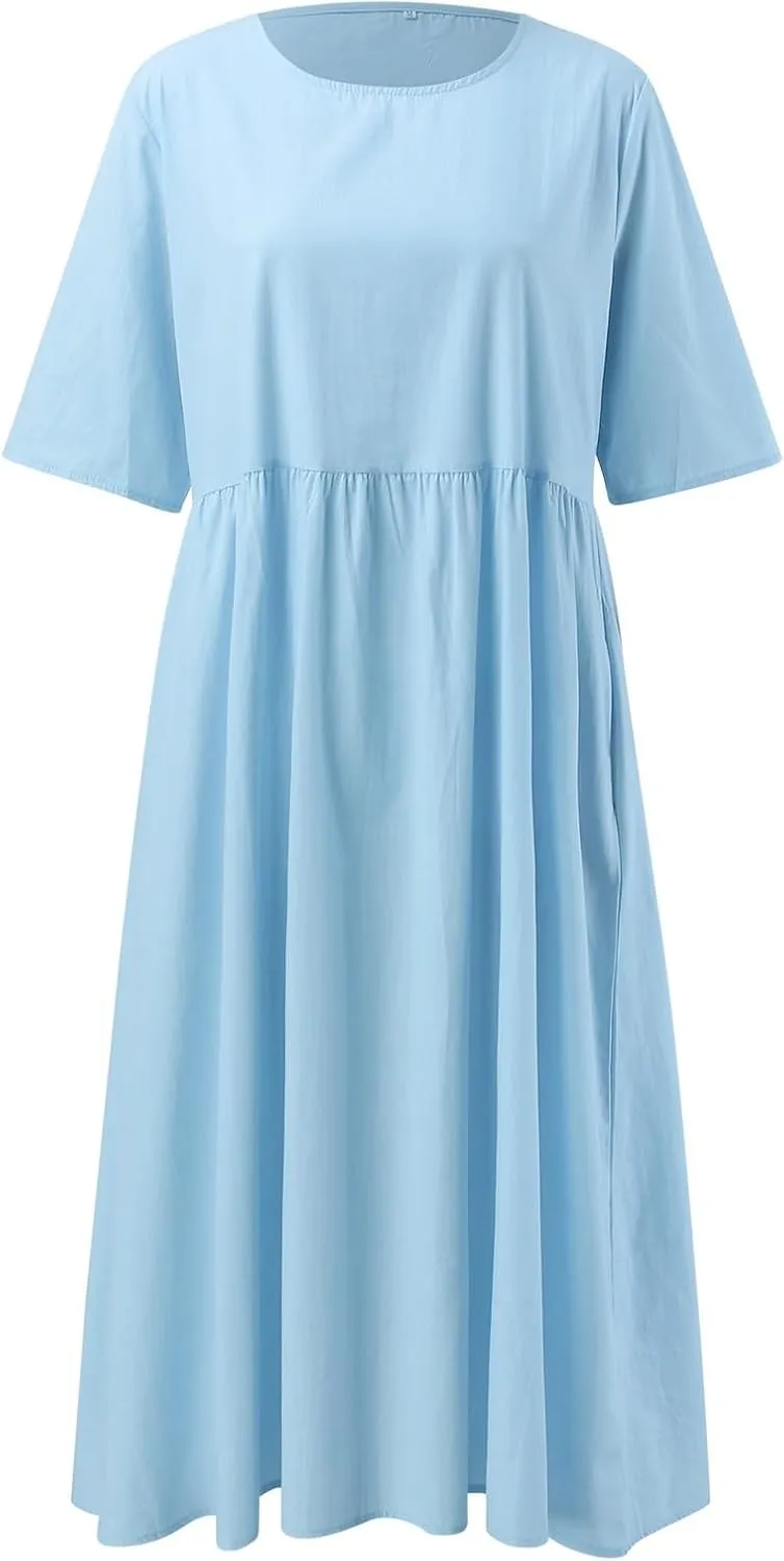 Womens Summer Casual Beach Dresses Half Sleeve Crew Neck Linen Midi Dress Loose Baggy Navy Blue Plus Size Dress 2025