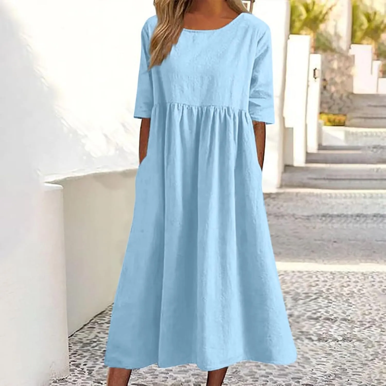 Womens Summer Casual Beach Dresses Half Sleeve Crew Neck Linen Midi Dress Loose Baggy Navy Blue Plus Size Dress 2025