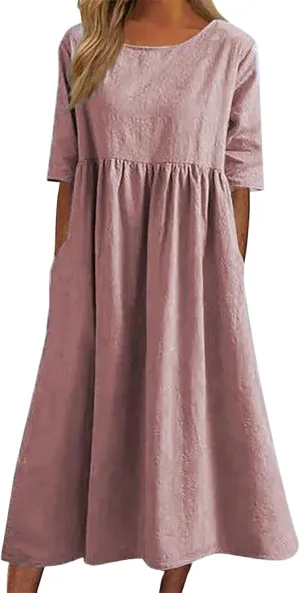 Womens Summer Casual Beach Dresses Half Sleeve Crew Neck Linen Midi Dress Loose Baggy Navy Blue Plus Size Dress 2025